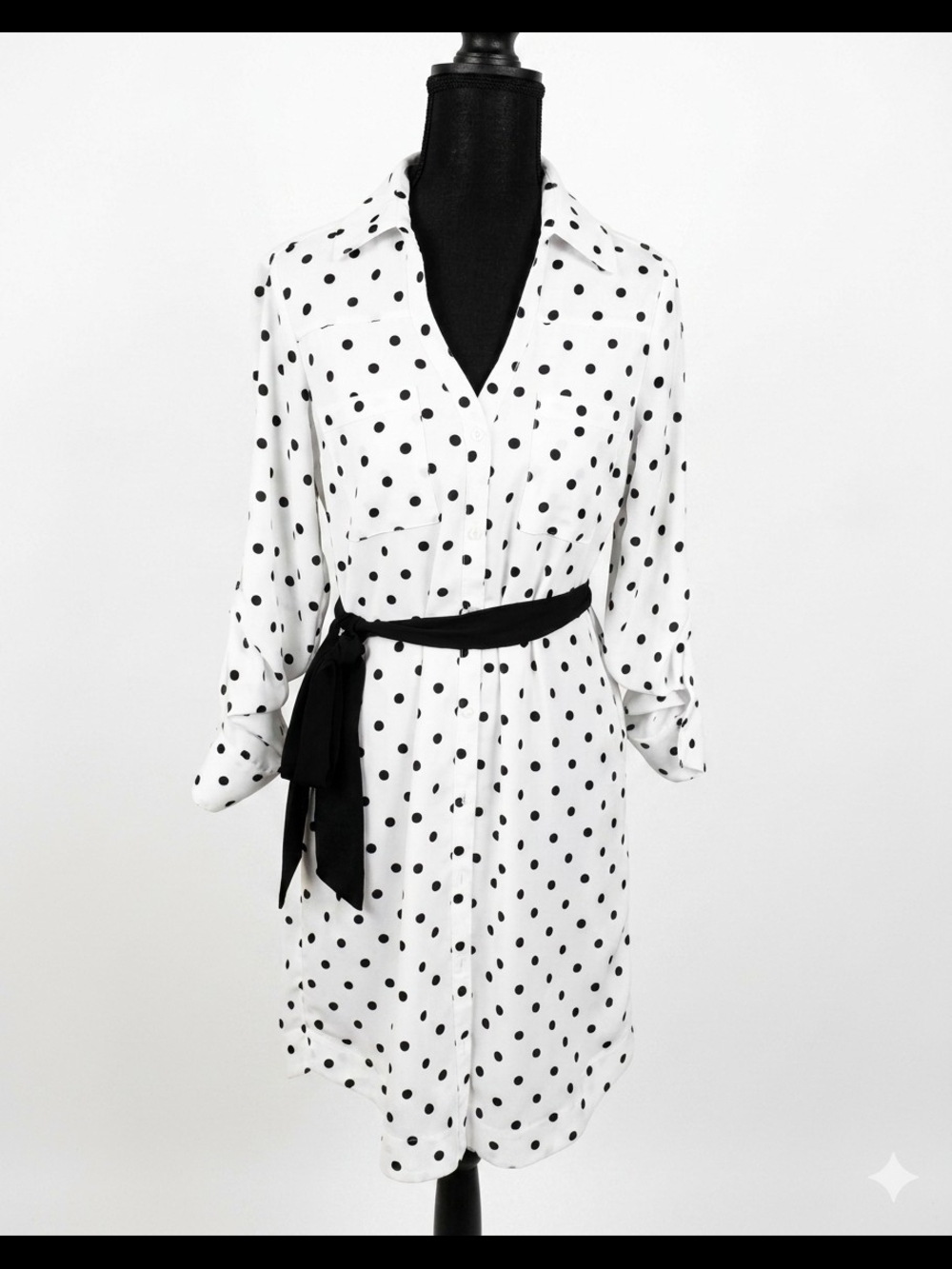 Express Portofino Shirt Dress Women's XS White Black Polka Dot Button Down